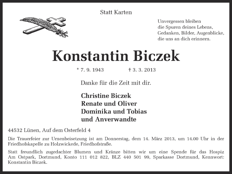  Traueranzeige für Konstantin Biczek vom 08.03.2013 aus Ruhr Nachrichten