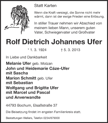 Traueranzeige von Rolf Dietrich Johannes Ufer von Ruhr Nachrichten