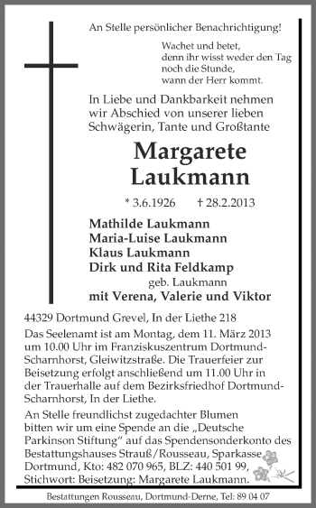 Traueranzeige von Margarete Laukmann von Ruhr Nachrichten