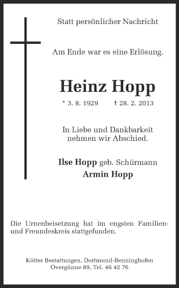 Traueranzeige von Heinz Hopp von Ruhr Nachrichten