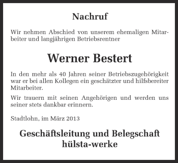 Traueranzeige von Werner Bestert von Münstersche Zeitung und Münsterland Zeitung