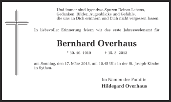 Traueranzeige von Bernhard Overhaus von Ruhr Nachrichten und Halterner Zeitung