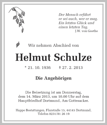 Traueranzeige von Helmut Schulze von Ruhr Nachrichten