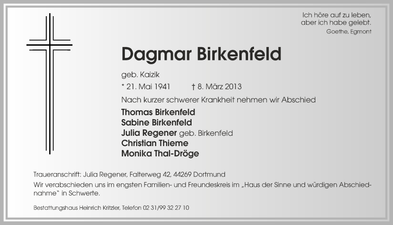  Traueranzeige für Dagmar Birkenfeld vom 13.03.2013 aus Ruhr Nachrichten