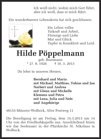 Traueranzeige von Hilde Pöppelmann von Münstersche Zeitung und Grevener Zeitung