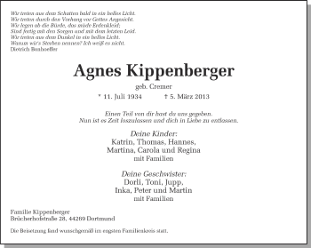Traueranzeige von Agnes Kippenberger von Ruhr Nachrichten