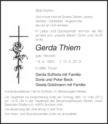 Traueranzeige von Gerda Thiem von Ruhr Nachrichten
