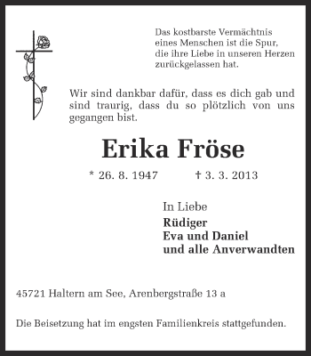 Traueranzeige von Erika Fröse von Ruhr Nachrichten und Halterner Zeitung