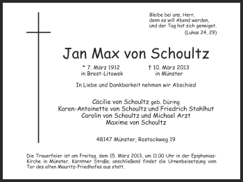 Traueranzeige von Jan Max von Schoultz von Münstersche Zeitung und Grevener Zeitung