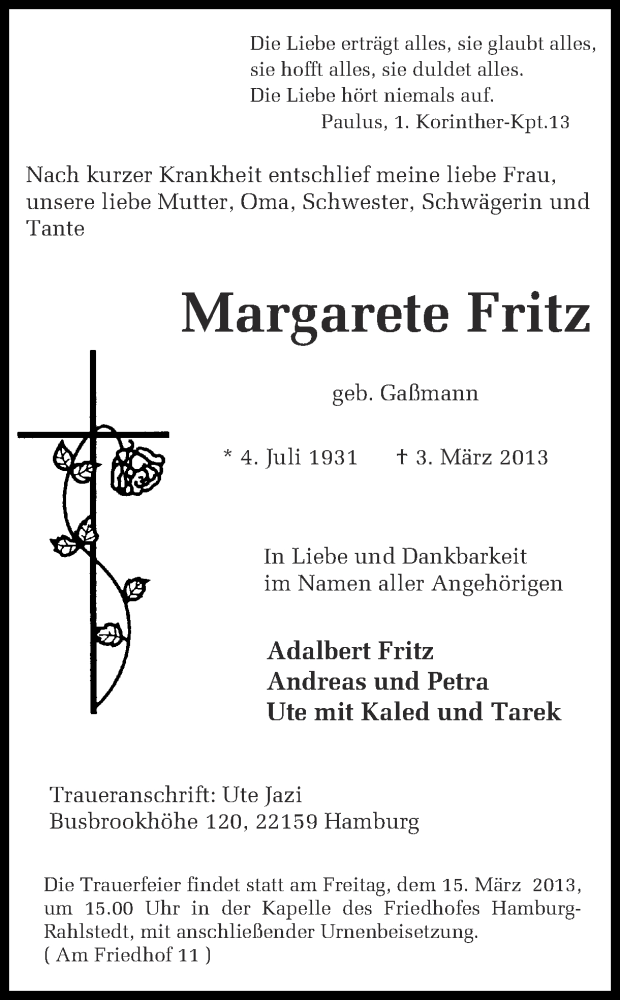  Traueranzeige für Margarete Fritz vom 13.03.2013 aus Ruhr Nachrichten