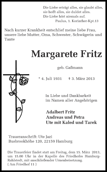 Traueranzeige von Margarete Fritz von Ruhr Nachrichten