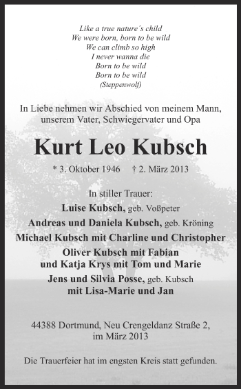 Traueranzeige von Kurt Leo Kubsch von Ruhr Nachrichten