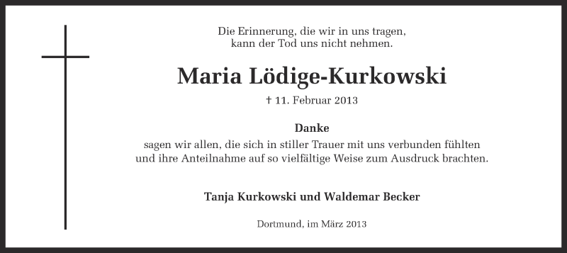  Traueranzeige für Maria Lödige-Kurkowski vom 16.03.2013 aus Ruhr Nachrichten