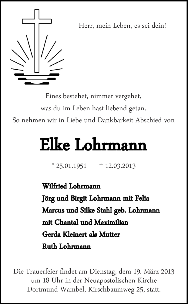  Traueranzeige für Elke Lohrmann vom 16.03.2013 aus Ruhr Nachrichten
