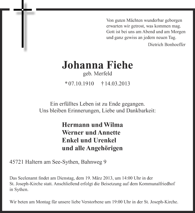  Traueranzeige für Johanna Fiehe vom 16.03.2013 aus Ruhr Nachrichten und Halterner Zeitung