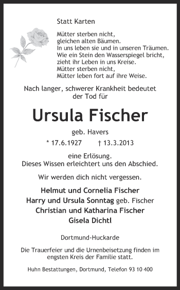 Traueranzeige von Ursula Fischer von Ruhr Nachrichten