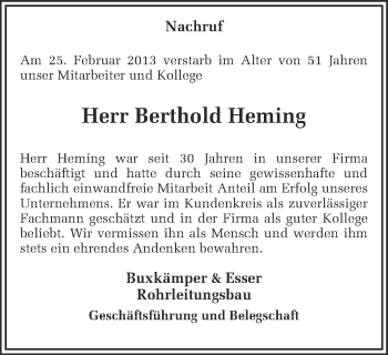Traueranzeige von Berthold Heming von Münstersche Zeitung und Münsterland Zeitung
