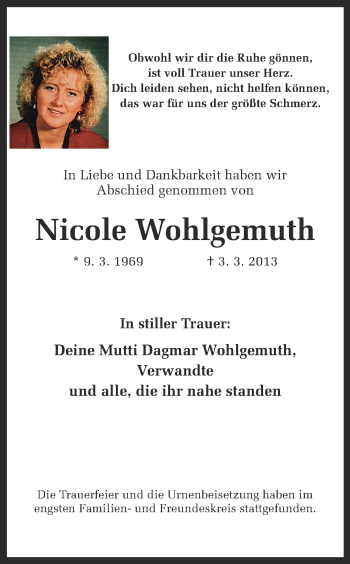Traueranzeige von Nicole Wohlgemuth von Ruhr Nachrichten