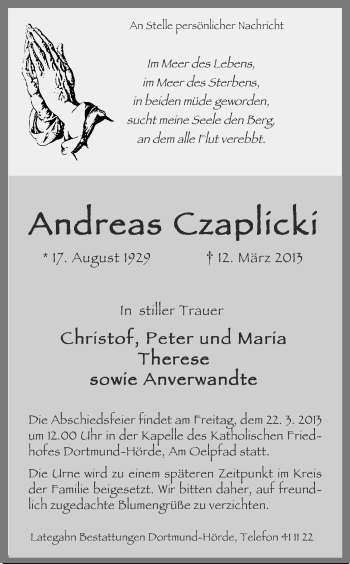 Traueranzeige von Andreas Czaplicki von Ruhr Nachrichten
