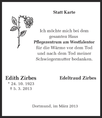 Traueranzeige von Edith Zirbes von Ruhr Nachrichten