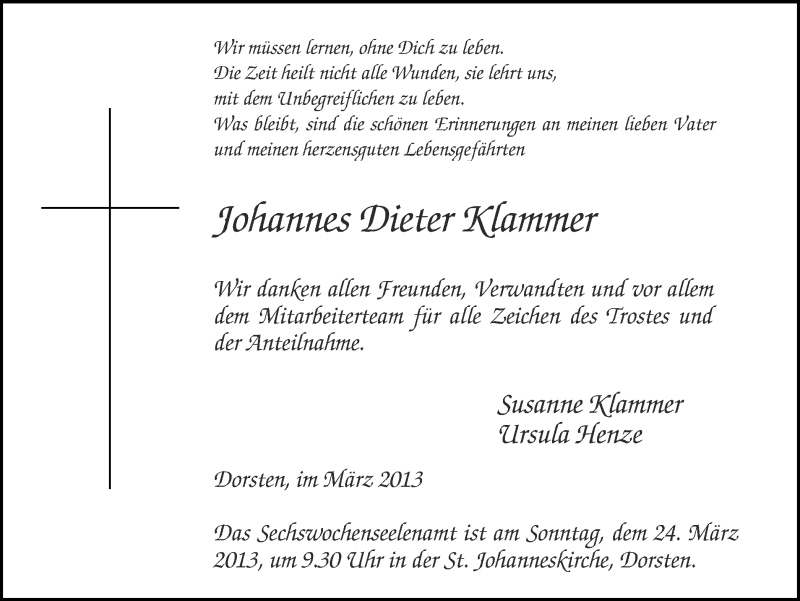  Traueranzeige für Johannes Dieter Klammer vom 21.03.2013 aus Ruhr Nachrichten und Dorstener Zeitung