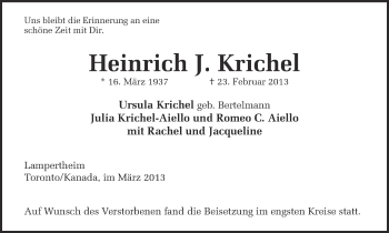 Traueranzeige von Heinrich Krichel von Ruhr Nachrichten