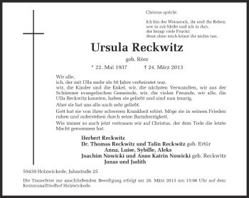 Traueranzeige von Ursula Reckwitz von Ruhr Nachrichten