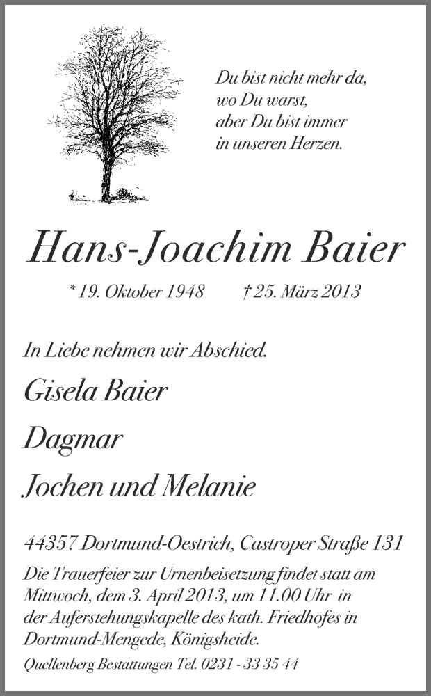  Traueranzeige für Hans-Joachim Baier vom 30.03.2013 aus Ruhr Nachrichten
