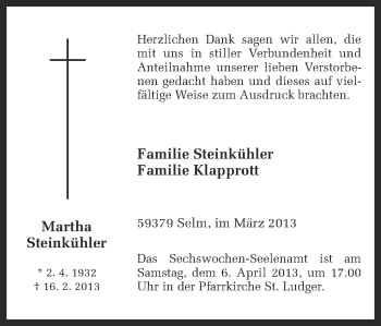 Traueranzeige von Martha Steinkühler von Ruhr Nachrichten