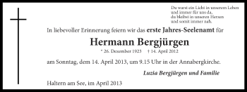 Traueranzeige von Hermann Bergjürgen von Ruhr Nachrichten und Halterner Zeitung