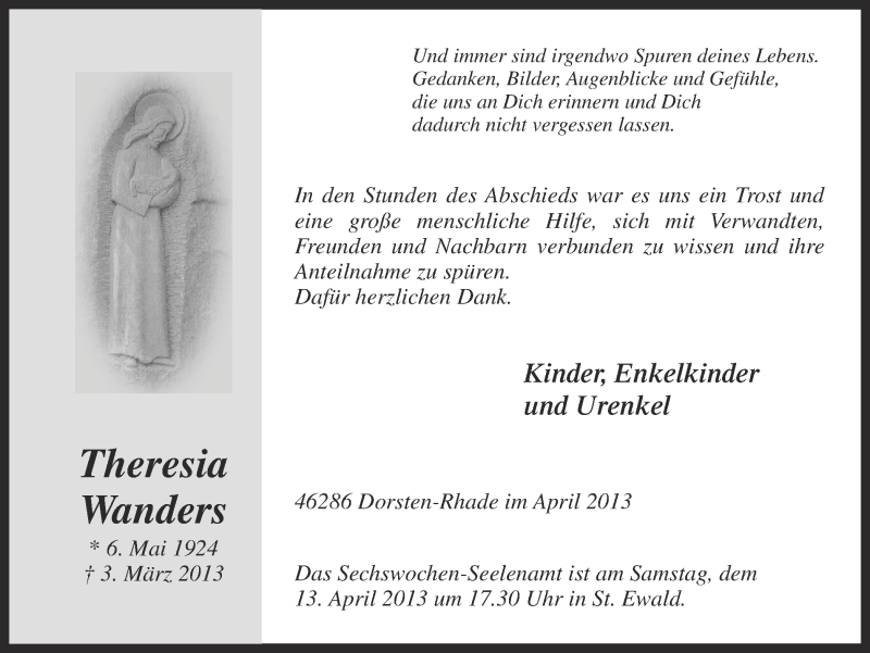  Traueranzeige für Theresia Wanders vom 10.04.2013 aus Ruhr Nachrichten und Dorstener Zeitung