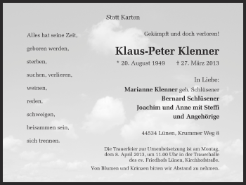 Traueranzeige von Klaus-Peter Klenner von Ruhr Nachrichten