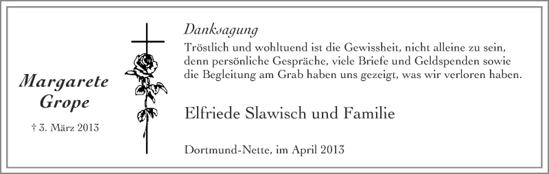  Traueranzeige für Margarete Grope vom 03.04.2013 aus Ruhr Nachrichten