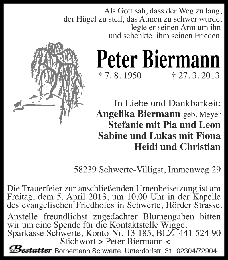  Traueranzeige für Peter Biermann vom 02.04.2013 aus Ruhr Nachrichten