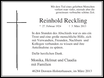 Traueranzeige von Reinhold Reckling von Ruhr Nachrichten und Dorstener Zeitung