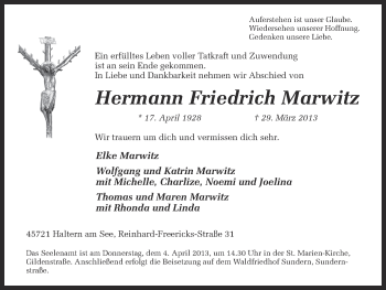 Traueranzeige von Hermann Friedrich Marwitz von Ruhr Nachrichten und Halterner Zeitung