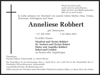 Traueranzeige von Anneliese Robbert von Ruhr Nachrichten