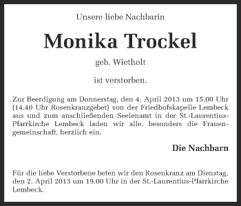 Traueranzeige von Monika Trockel von Ruhr Nachrichten und Dorstener Zeitung