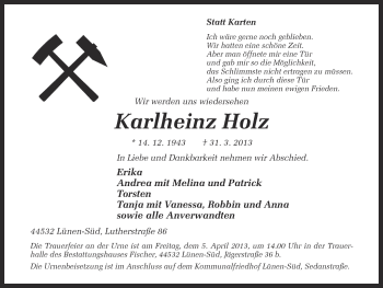 Traueranzeige von Karlheinz Holz von Ruhr Nachrichten
