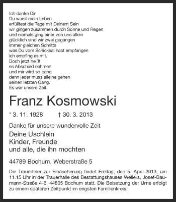 Traueranzeige von Franz Kosmowski von Ruhr Nachrichten