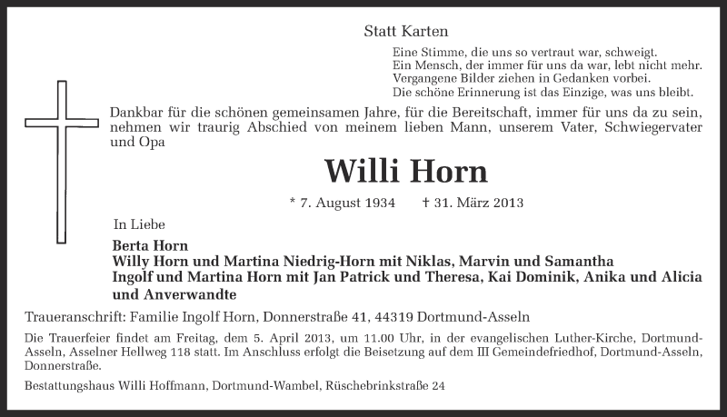  Traueranzeige für Willi Horn vom 03.04.2013 aus Ruhr Nachrichten
