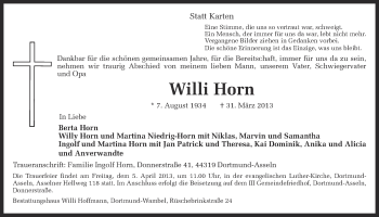 Traueranzeige von Willi Horn von Ruhr Nachrichten