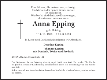 Traueranzeige von Anna Epping von Münstersche Zeitung und Grevener Zeitung