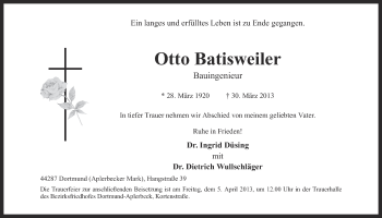 Traueranzeige von Otto Batisweiler von Ruhr Nachrichten