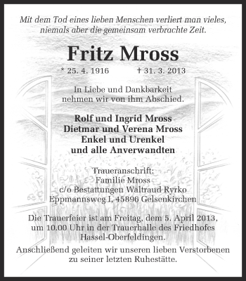 Traueranzeige von Fritz Mross von Ruhr Nachrichten und Dorstener Zeitung