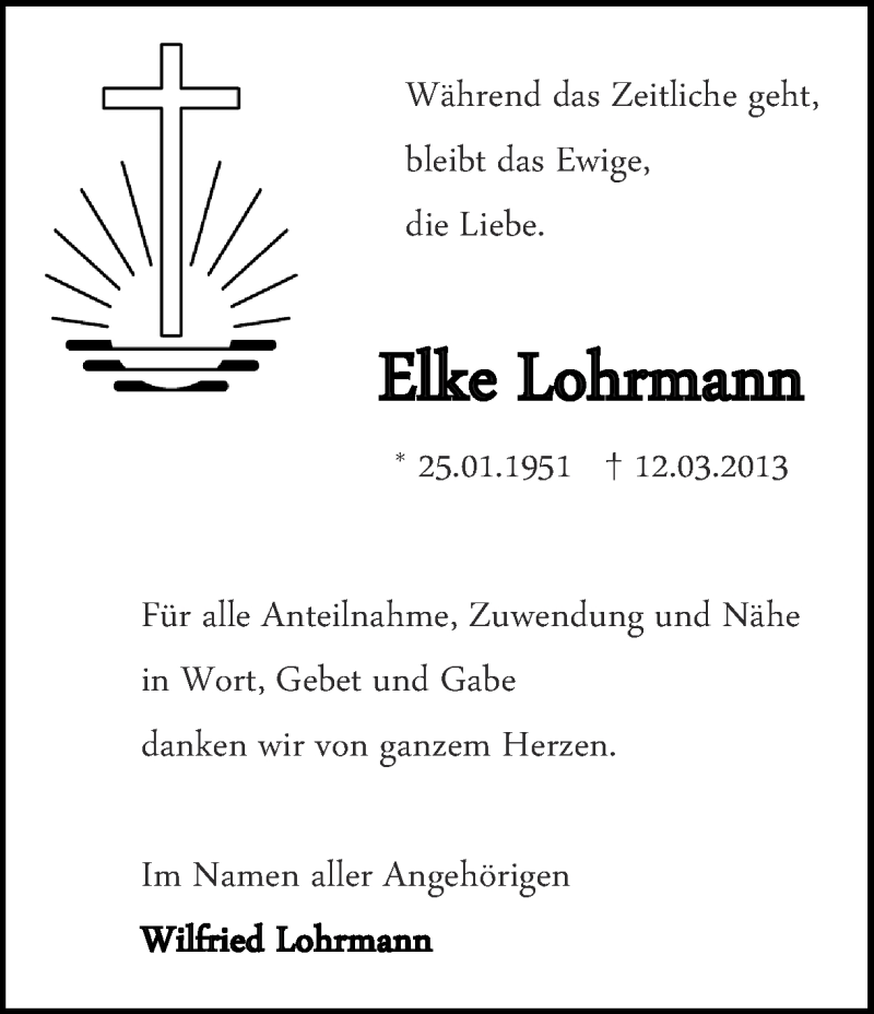  Traueranzeige für Elke Lohrmann vom 13.04.2013 aus Ruhr Nachrichten