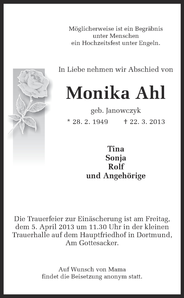  Traueranzeige für Monika Ahl vom 03.04.2013 aus Ruhr Nachrichten