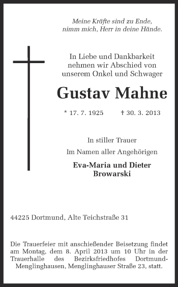 Traueranzeige von Gustav Mahne von Ruhr Nachrichten