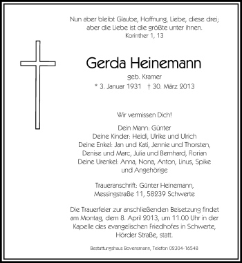Traueranzeige von Gerda Heinemann von Ruhr Nachrichten