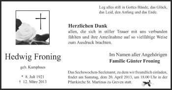 Traueranzeige von Hedwig Froning von Münstersche Zeitung und Grevener Zeitung